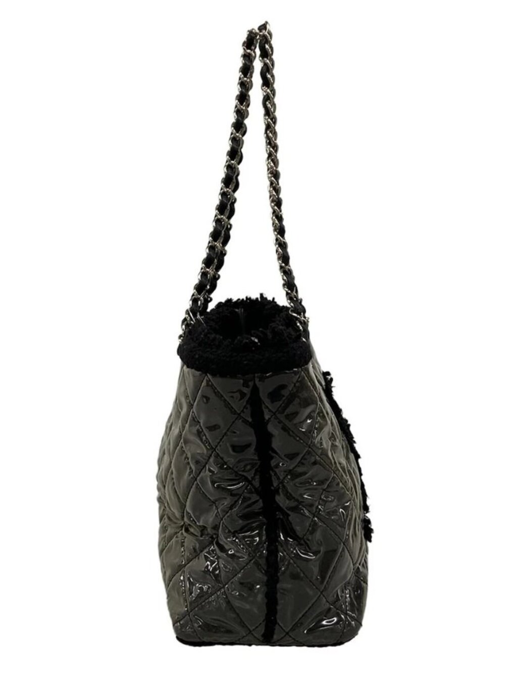 CHANEL Patent Toilette Chain Tote Black Vinyl Tweeds Tote Bag - Picture 2 of 15